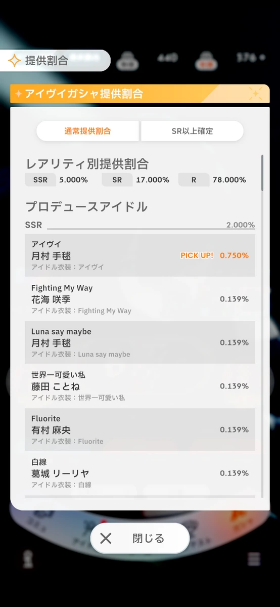 SSR自体の排出率が5%で、アイドルが2%、サポカが3%